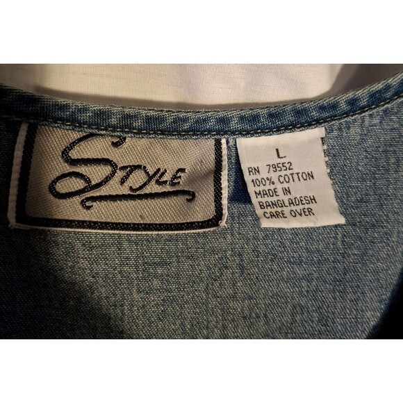 Vtg STYLE Denim Dress Sz L Sleeveless Floral Embroidered Flared Waist Tie 79552 - Picture 4 of 12